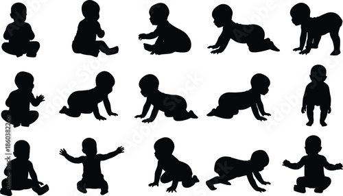 Silhouettes of babies crawling, sitting, and standing, black figures, early childhood movement stages, white background, infant development illustration