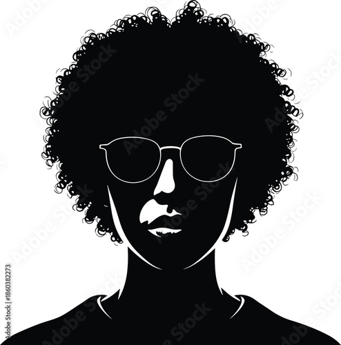 Silhouette of person with curly hair and sunglasses, black figure, stylish profile, white background, graphic design and fashion illustration