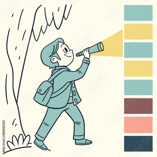 Young boy explores with a telescope, adventure awaits