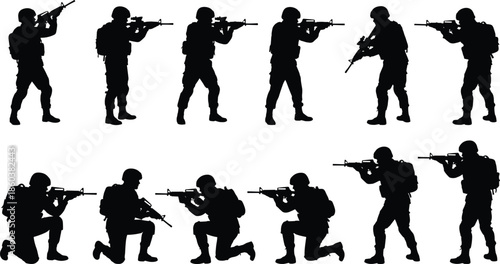 Military soldier silhouettes aiming rifles in standing and kneeling positions illustrating modern infantry combat training and tactical readiness isolated on white backgroundWeb