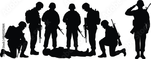 Military soldier silhouettes honoring fallen comrade with kneeling and standing poses symbolizing sacrifice, respect, remembrance, and army service isolated on white backgroundWeb