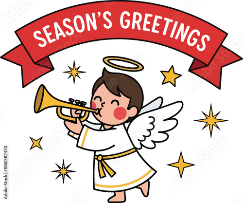 Cartoon Angel Playing Trumpet with Halo.