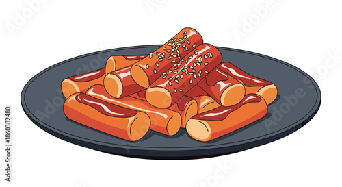 A delicious plate of Korean street food, tteokbokki, featuring spicy rice cakes coated in a red sauce and sesame seeds.