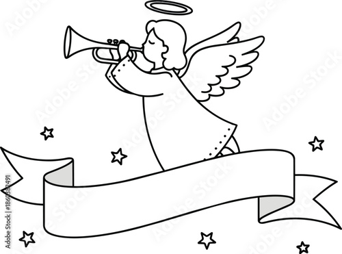 Angel Playing Trumpet with Ribbon Banner.