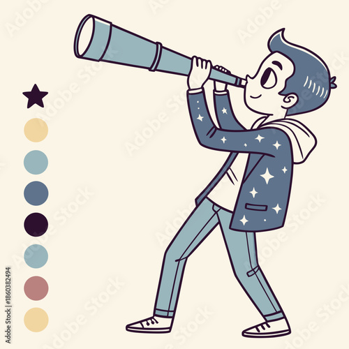 Young boy looking through telescope at stars