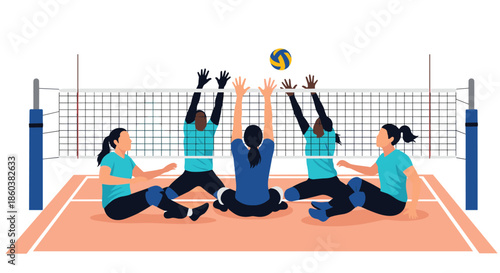A dynamic illustration of female athletes with disabilities competing in a game of sitting volleyball at the paralympic games.