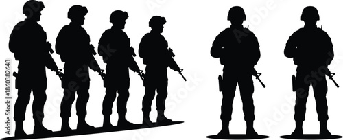 Military soldier silhouettes standing in formation with rifles, representing modern army patrol, security, and defense forces isolated on white backgroundWeb