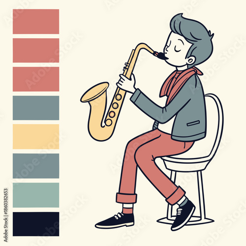 Young boy playing saxophone on chair