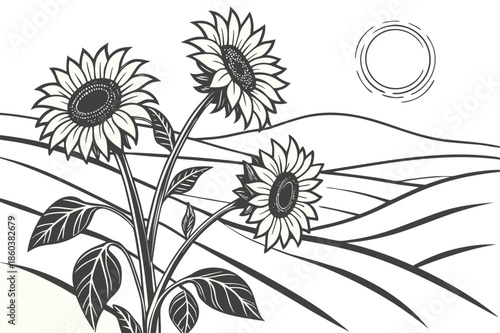 Wallpaper Mural Intricate illustration of blooming sunflowers against a stylized landscape under a circular sun Torontodigital.ca