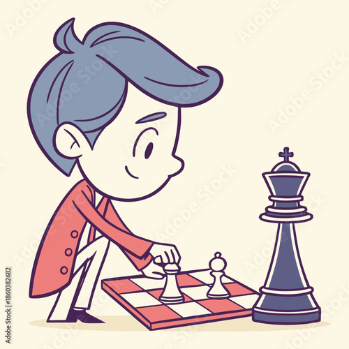 Young boy plays chess with concentration