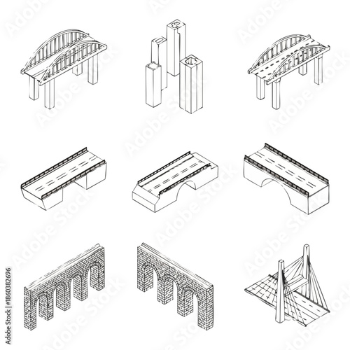 Collection of Isometric Bridge Illustrations: Arch, Beam, Viaduct, Cable-stayed, and Modern Designs.