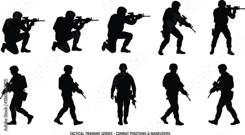 Military soldier silhouettes tactical training series showing combat positions, movement maneuvers, and modern infantry actions isolated on white background illustrationWeb