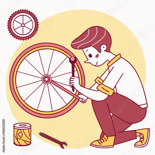 Young boy repairing a bicycle wheel