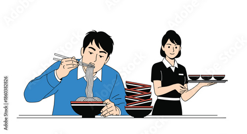 An illustration of a man voraciously eating soba noodles from a stack of bowls, with a waitress bringing more, representing a food challenge.