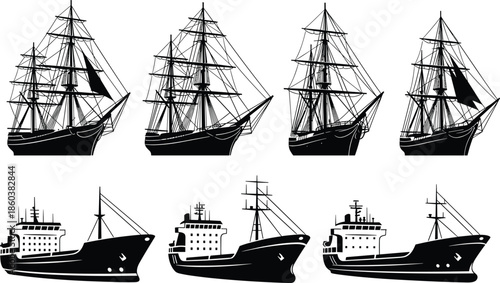 Set of different types of ships silhouettes including sailing tall ships and modern cargo freighter vessels vector illustration collection