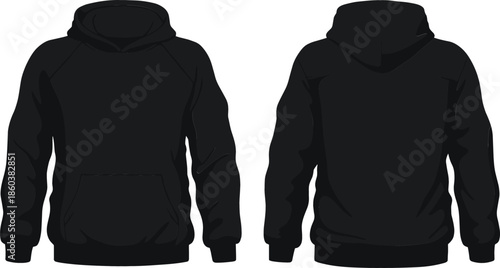 Black hoodie vector template featuring front and back views for apparel design mockup and technical clothing garment specification.