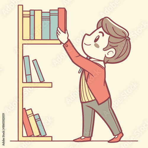 Young boy selecting book from bookshelf