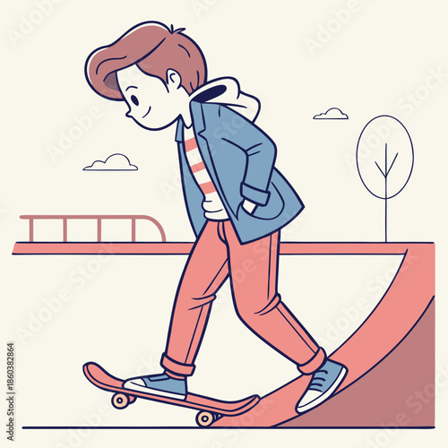Young boy skateboarding down a ramp