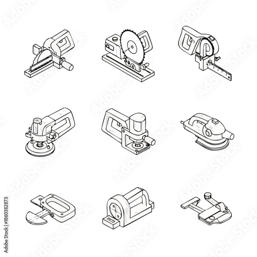 Collection of Isometric Hand Tools for Construction and DIY Projects, Vector Line Art.