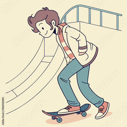 Young boy skateboarding down a ramp illustration