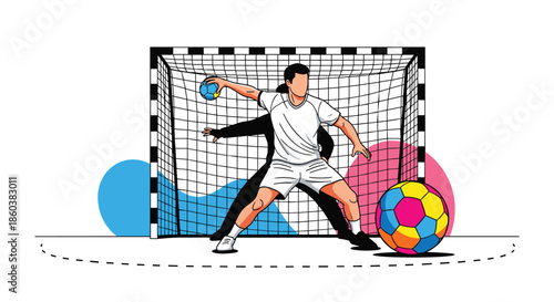 A dynamic illustration of a handball goalkeeper in action, defending the goal during a competitive match with abstract shapes.