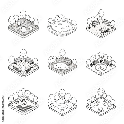Collection of nine isometric line art illustrations depicting various park scenes