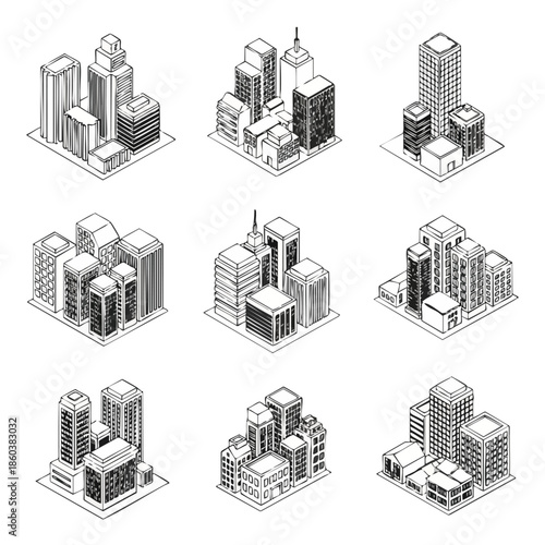 Collection of nine isometric black and white line art icons representing various stadium architectures for sports events and concerts