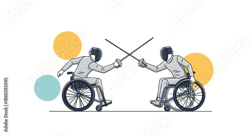 An inspiring illustration of two athletes with disabilities competing in wheelchair fencing, a paralympic sport requiring great skill.