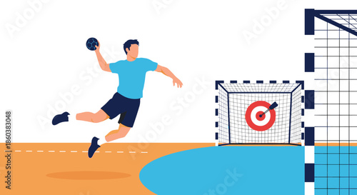 A powerful illustration of a male handball player in mid-air, jumping to shoot the ball towards the goal target.