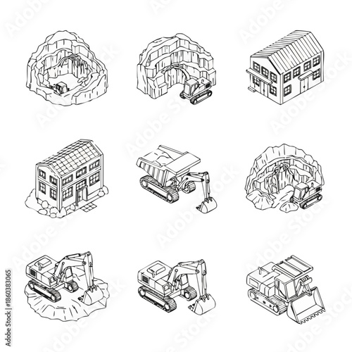 Construction and excavation equipment clipart set, black and white illustrations.