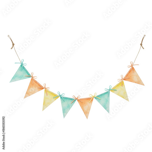 A string of triangular bunting flags, featuring internal watercolor pastel textures and sharp outlines, tied with ribbon bows on a natural rope, isolated on a white flat lay. Concept of cheerful