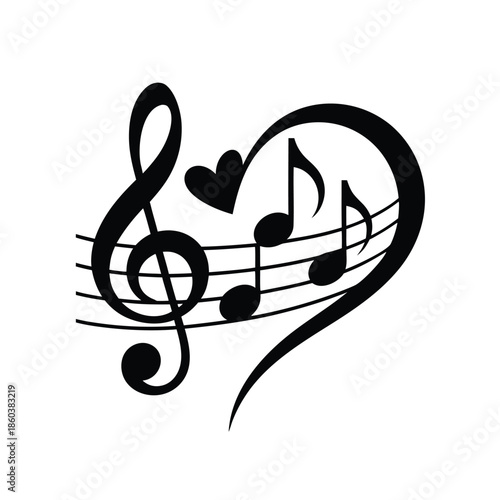 A black and white illustration depicts a treble clef shaped like a heart with musical notes
