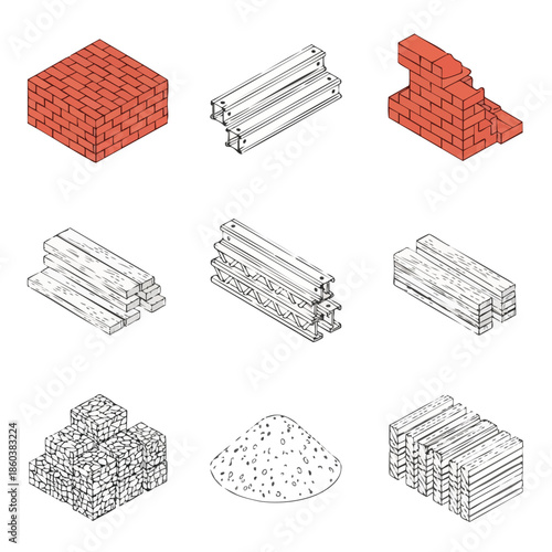 Construction Materials Icons Set - Stocks of Bricks, Metal Beams, Timber, and Stones.