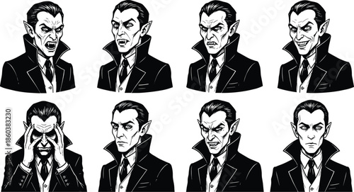 Set of eight black and white vector portraits of vampire man with pointed ears and fangs showing different facial emotions, isolated illustration.