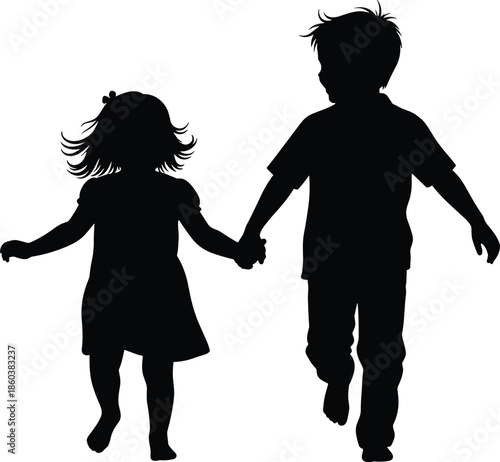 Silhouettes of children walking hand-in-hand, black figures, companionship gesture, white background, childhood innocence and friendship illustration