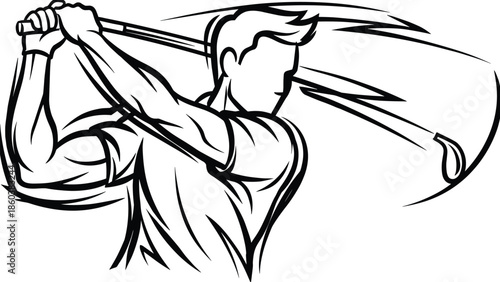 Powerful golfer swing illustration in dynamic black line art showing strength, motion, and precision sports action isolated on white backgroundWeb