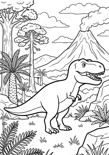 Strong Tyrannosaurus Rex T-Rex dinosaur near volcano landscape coloring page illustration for creative kids activity