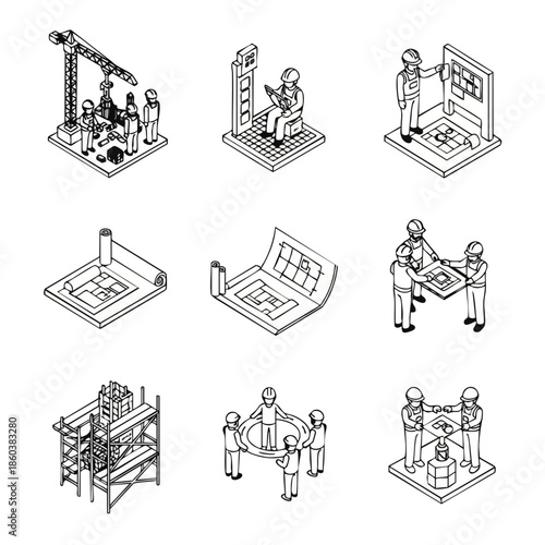 Construction Project Planning and Execution: Isometric Icons for Architecture and Engineering.