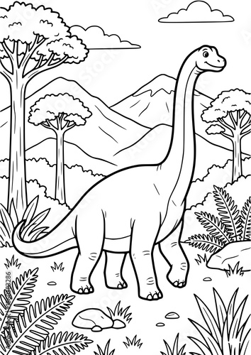 Cute long neck brachiosaurus dinosaur in prehistoric landscape coloring book page for children education activity