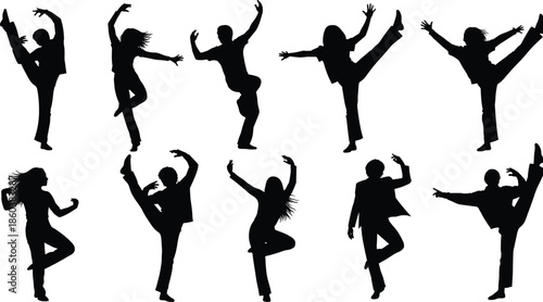 Silhouettes of dancers in dynamic poses, black figures, expressive movement, ballet and jazz gestures, white background, artistic dance illustration