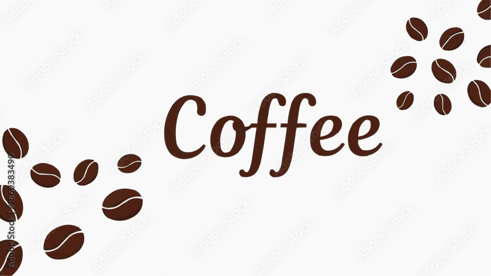 Obraz premium Brown coffee beans scattered around the word Coffee