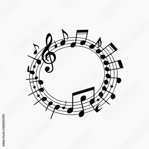 A circular arrangement of musical notes and a treble clef creates a harmonious visual design