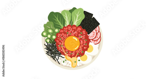 A top-down view of a delicious bowl of yukhoe bibimbap, a Korean dish with raw beef tartare, egg yolk, and vegetables.