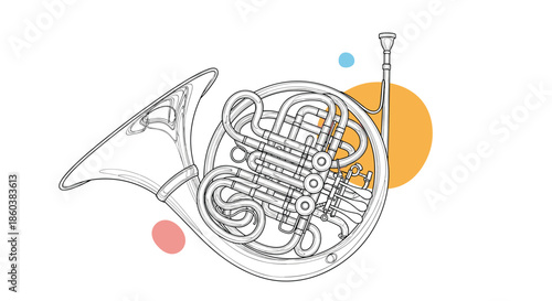 A detailed black and white line art illustration of a classical French horn, a brass instrument used in orchestras.
