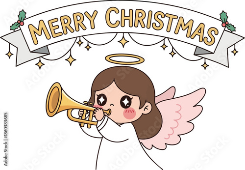 Cartoon Angel Playing Golden Trumpet.