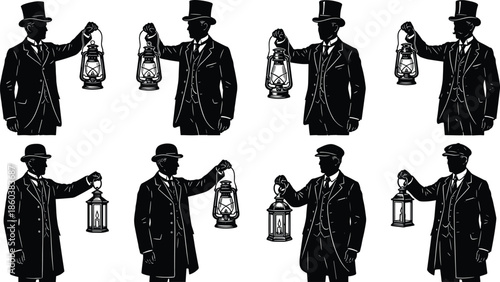Set of eight silhouettes of vintage men wearing hats and suits holding lanterns, isolated on white background, retro vector illustration.