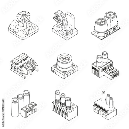 Industrial Factory and Power Plant Icons: Vector Set for Graphic Design and Illustration.