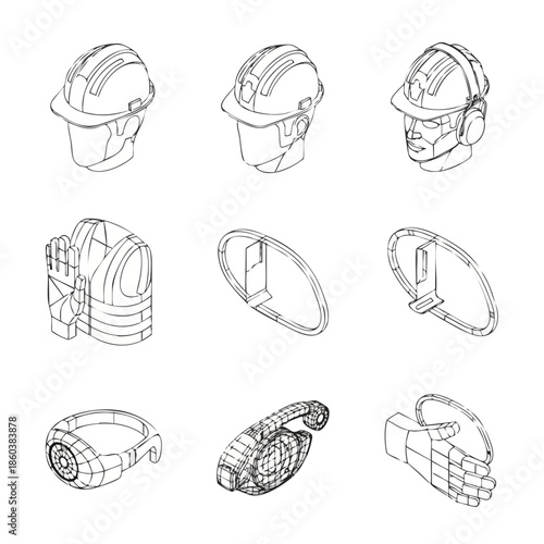 Industrial Safety Equipment and Gear Icons Set. Protective gear, safety equipment, construction elements, vector graphic.