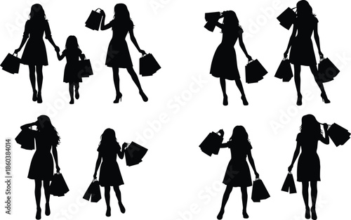 Set of female shoppers and mother with daughter silhouettes holding shopping bags, symbolizing sale, fashion, retail therapy, consumerism, lifestyle, leisure, purchases, and happy retail 