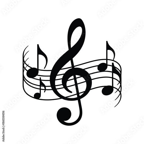 A striking black and white illustration depicting musical notes and a treble clef symbol